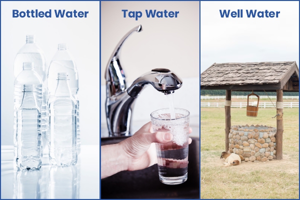 Bottled water, tap water and well water